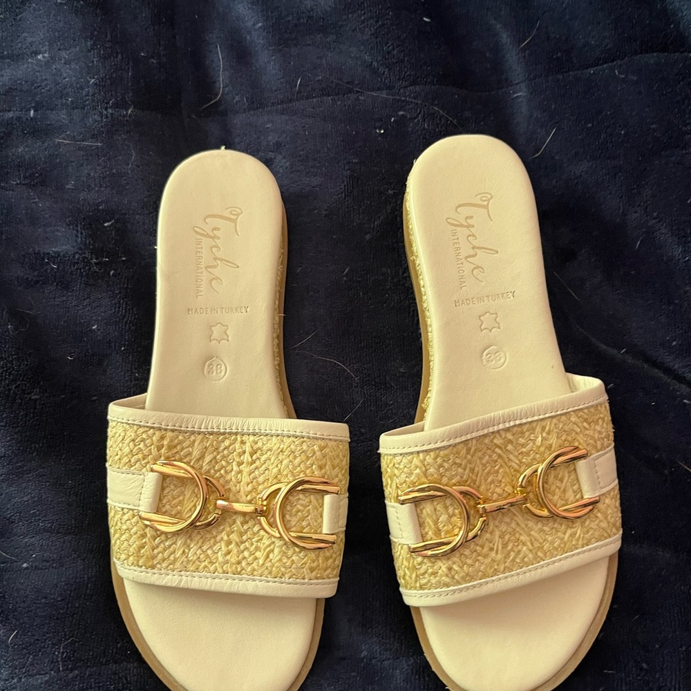 Tyche Beige Straw Slide Sandals with Gold Hardware
